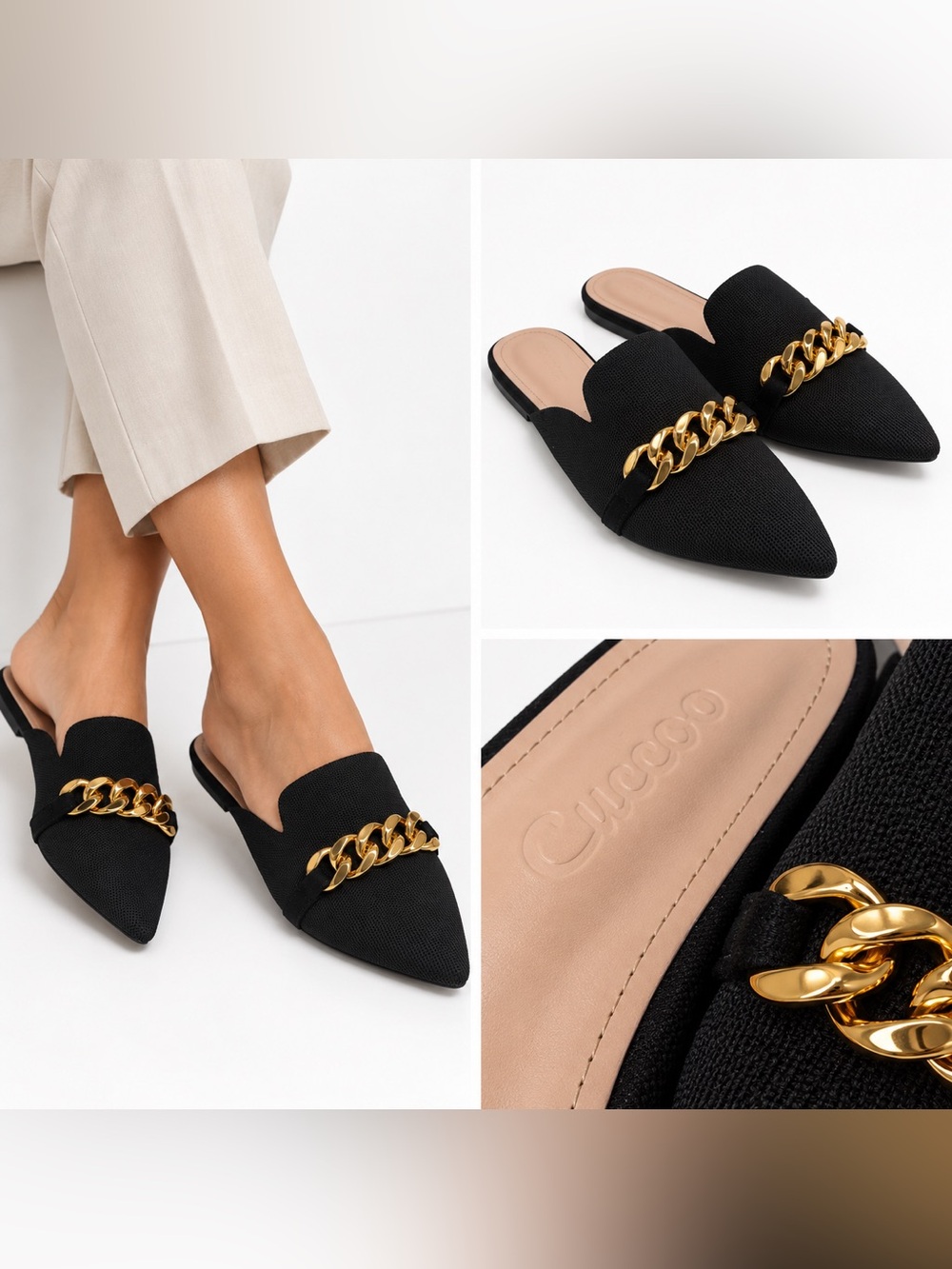 CUCCOO Black Pointed Toe Mule Flats Gold Chain EU 41 US 10-10.5